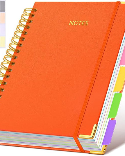 Hardcover Spiral Notebook Journal with Removable Dividers Tabs, 300 Pages Leather 5 Subject Notebook College Ruled, 8"x10" Large Notebooks for Work School Note taking, Lined Journal for Women, Orange
