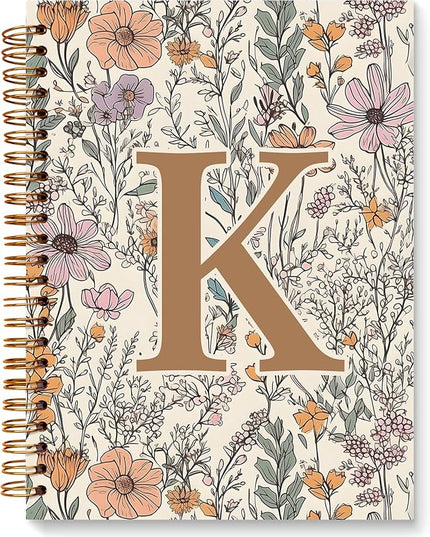 JXREQ Vintage Boho Floral Personalized Notebook, Initial Letter K Notebook Journal, Monogram Notebook, Monogrammed Gifts for Women, Boho Office Supplies, Flower Spiral Notebook 5.5x8.3
