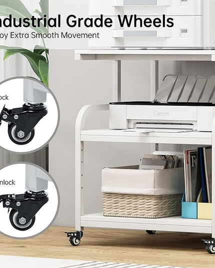 Printer Stand, 25.6" x 23.6" x 30.9" Extra Large Printer Table with Adjustable Storage Shelf, 3 Tier Rolling Printer Cart with Industrial Wheels for Home Office, White