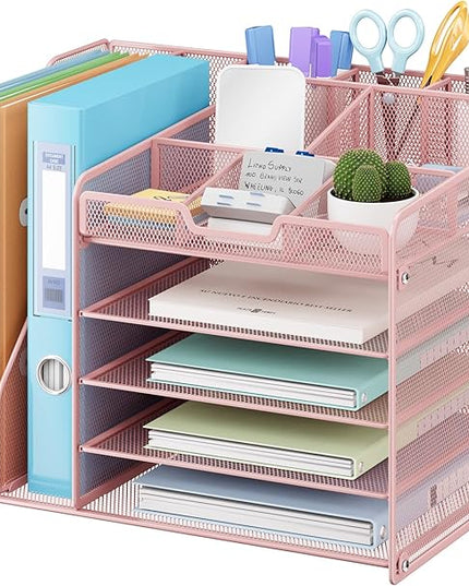 Lavatino 5-Tier Desk Organizer with 2 File Holders, Metal Adjustable Paper Letter Tray for Office or Home Desk Organizers and Accessories | 7 Flexible Dividers Keep Workspace Supplies Neat, Pink