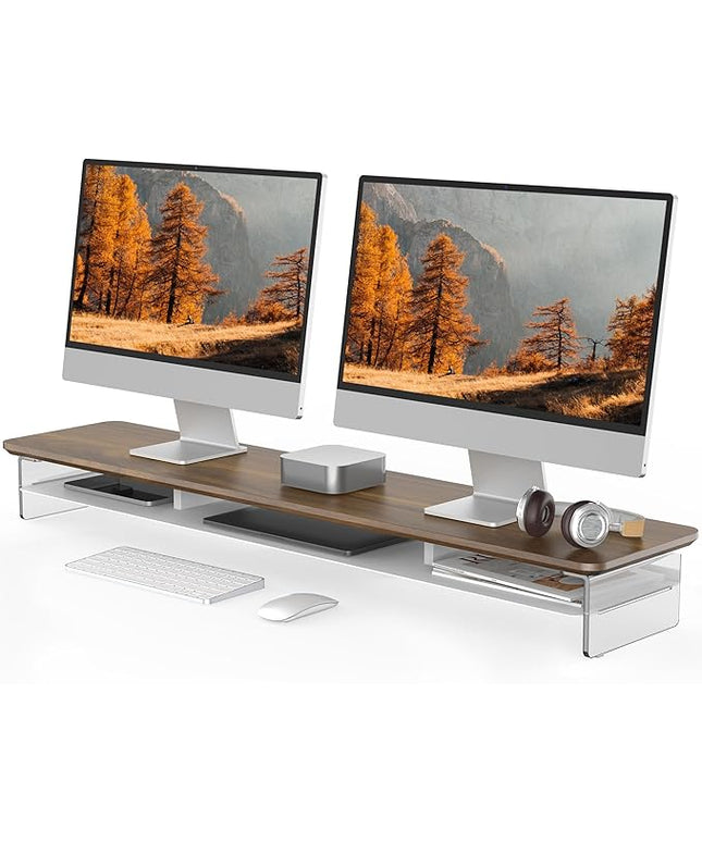 Fenge Acrylic Monitor Stand Riser, 42.5 Inches Dual Monitor Stand with Metal Storage, 2 Tier Acrylic Computer Riser for Desk, Clear Laptop Stand for PC, Laptop, Printer, TV, Brown