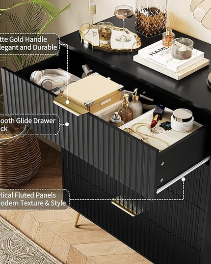 Garvee Fluted Dresser for Bedroom with 4 Drawers,32" Wide Modern Chest of Wooden Bedroom Chest with Metal Handle,Wide Clothes Storage Organizer,Closet Dresser & TV Stand for Living Room,Hallway,Black
