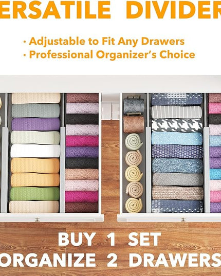 SpaceAid Bamboo 4 Pack Dresser Drawer Dividers, 4.65“ High Adjustable 12.5“-17” Drawer Organizers, Expandable Organization for Clothing, Clothes, Dressers, Gray