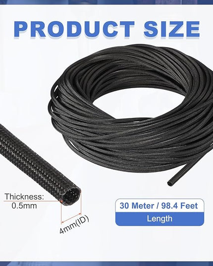 uxcell Insulation Cable Protector,4mm/0.16 Inch-30m/98 Feet High Temp Fiberglass Sleeve Black
