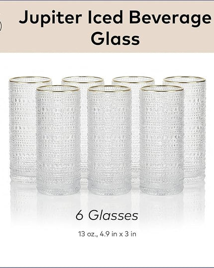 Fortessa Jupiter Beaded Hobnail Glass, 11 Ounce Collins/High Ball (Set of 6), Gold Rim Clear