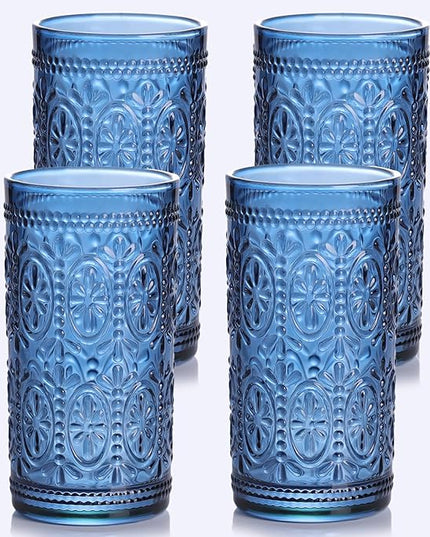 Blue Drinking Highball Beverage Glass Cup, Vintage Drinking Glasses, Colored Glassware Set for Party Wedding, Home, Office, Water, Juice, Cocktail, Highball Glasses Set of 4