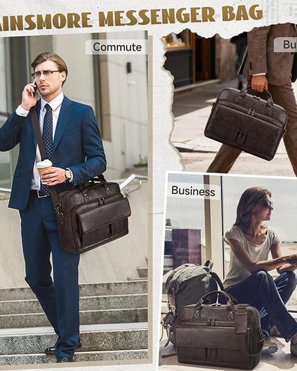 RAINSMORE Mens Laptop Bag PU Leather Messenger Bag 15.6 Inch Briefcase Vintage Computer Satchel Bag for Work Business