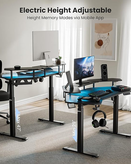 EUREKA ERGONOMIC Aero 55 Inch W Shaped Electric Standing Desk, Height Adjustable Computer Gaming Desk with LED Monitor Shelf, Mouse Pad, Headphone Hook, Cup Holder, Carbon Black