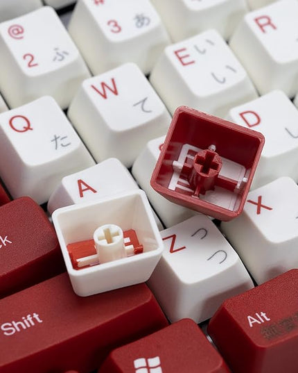 TAI-HAO US Layout+Japanese Characters are Laser Engraved /115 Red and White ANSI Layout Compatible with All MX Types Keyboards(61/87/104/108+1.75U Shift Key) Double Shot Keycap Set