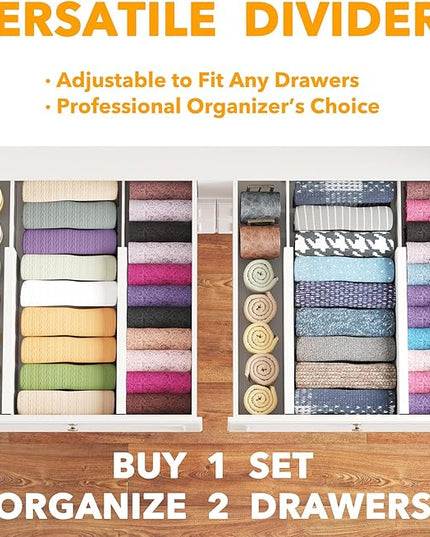 SpaceAid Bamboo 4 Pack Dresser Drawer Dividers, 4.65“ High Adjustable 12.5“-17” Drawer Organizers, Expandable Organization for Clothing, Clothes, Dressers, White
