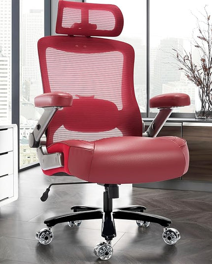 600lbs Big and Tall Office Chair- Heavy Duty Executive Computer Chair with 3D Flip Arms Large Wheels, Ergonomic Mesh High Back Desk Chair, Extra Wide Seat Adjustable Lumbar Support&Headrest