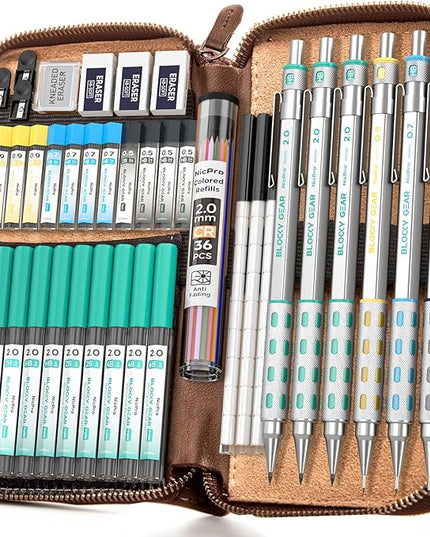 Nicpro Blocky Gear Metal Mechanical Pencil Set with Leather Case, 40PCS Art Drafting Pencil 0.5, 0.7, 0.9 & 2mm Lead Pencil with 352PCS (HB 2H 4H 2B 4B 6B Color) Lead Refills for Sketching Drawing
