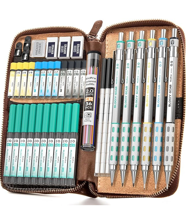 Nicpro Blocky Gear Metal Mechanical Pencil Set with Leather Case, 40PCS Art Drafting Pencil 0.5, 0.7, 0.9 & 2mm Lead Pencil with 352PCS (HB 2H 4H 2B 4B 6B Color) Lead Refills for Sketching Drawing