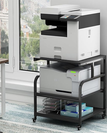 25.6" x 23.6" Extra Large Printer Stand Table with Adjustable Storage Shelf, 3 Tier Rolling Printer Cart with Industrial Wheels for Home Office, Black