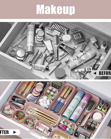 Plastic Drawer Organizers, 18 PCS Bathroom Drawer Organizer Bins, Desk and Vanity Organizer Plastic Tray, Makeup organizer and storage for Bedroom, Kitchen Gadgets Utensils and Office (Pink)