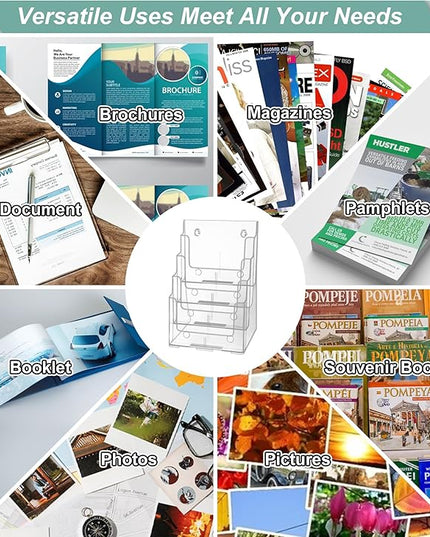 Argvey Acrylic Brochure Holder 8.5 x 11 inches, 4 Tier Clear Brochure Display Stand with Removable Divider for Trifold 4 Inches Wide Pamphlet, Plastic Flyer Holder for Magazine, Literature, Booklet