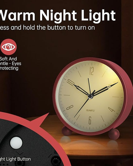 Analog Alarm Clock, 4 inch Super Silent Non Ticking Small Clock with Night Light, Battery Operated, Simple Design, Old Fashioned Style Wine-red Decor, for Bedroom, Bedside, Desk, Adult, Kid, Gift, Red