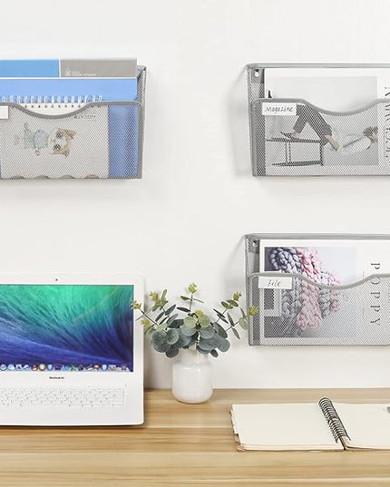EasyPAG 3 Pack Wall File Organizer with Label Panel, Mesh Hanging File Folder Organizer for Letter/A4 Size Folders, Wall Mounted Vertical Mail Holder for Paperwork, Office, Home, School, Silver