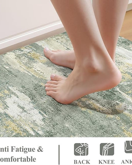 Collive Anti Fatigue Kitchen Mats, Grey/Green Abstract Kitchen Rugs Sets of 2 Non Slip Waterproof Standing Mat, Cushioned Comfort Desk Rug for Home Office, Sink, Laundry, 17"x29"+17"x47"