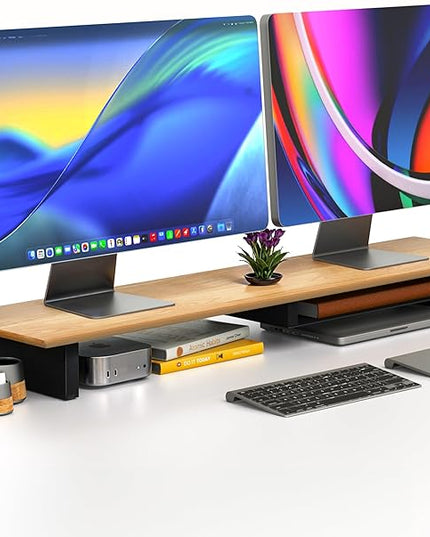 Solid Wood Dual Monitor Stand Riser – 43" Oak Desk Shelf for 2 Monitors with Tray & Wool Felt, Organizer for Desktop, Laptop and Office (Solid Oak)