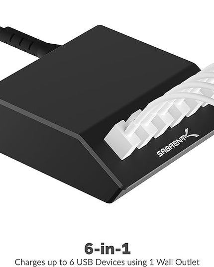 SABRENT Premium 60 Watt (12 Amp) 6 Port Aluminum Family Sized Desktop USB Rapid Charger.[UL Certified ] Smart USB Charger with Auto Detect Technology [Black] (AX-FLCH-B)