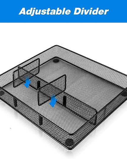 Desk Drawer Organizer Tray, Metal Mesh Drawer Organizers Office, 4 Grid with Adjustable Compartment, Desk Organizer Tray for Home Office 12x10.6x1.9 inch Black, 2 Pack