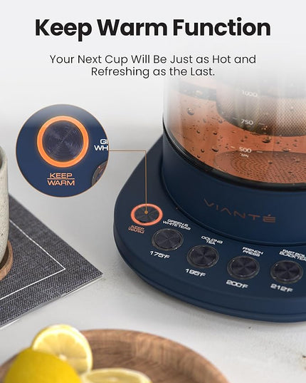 Vianté Electric Kettle With Infuser For Loose Leaf Tea. Hot Tea Maker With Temperature Control And Automatic Shut Off. Kettle With Brewing Programs. 1.5 Liters Capacity | Midnight Blue Color