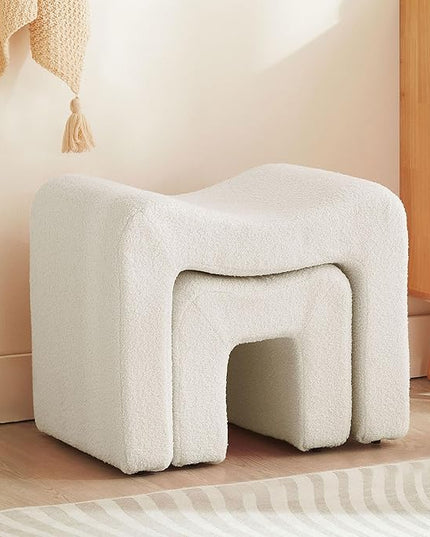 Small Footstool Ottoman Vanity Stool Chair Seating Backless Modern Foot Rest Teddy Velvet Ottoman Set for Makeup Room Living Room Bedroom Entryway,White (2-in-1)