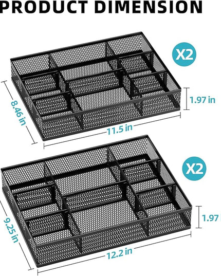 Marbrasse 2 Pack Desk Drawer Organizer, Mesh Drawer Organizer Tray with 8 Adjustable Compartments, Desk Organizers and Accessories, 5 Dividers Drawer for Office Supplies, Makeup & Vanity (Black-2P)