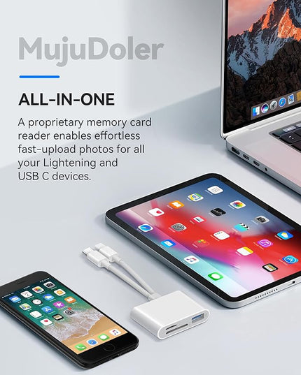 SD Card Reader for iPhone iPad Lightening USB-C Dual Connector Memory Card Adapter with Dual Slots & USB Port Trail Camera Viewer for Mac MacBook Pro/Air/Mini Android Laptop