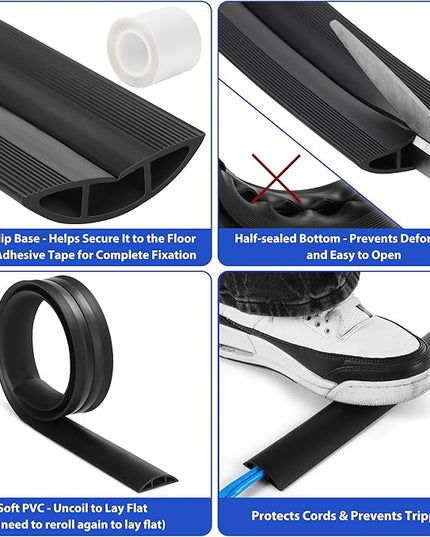 Floor Cord Cover 4ft, Cord Hider Floor Hide Extension Cords, PVC Cable Management Cover, Cable Protector Cord Cavity W0.6in x H0.32in Grey Wood