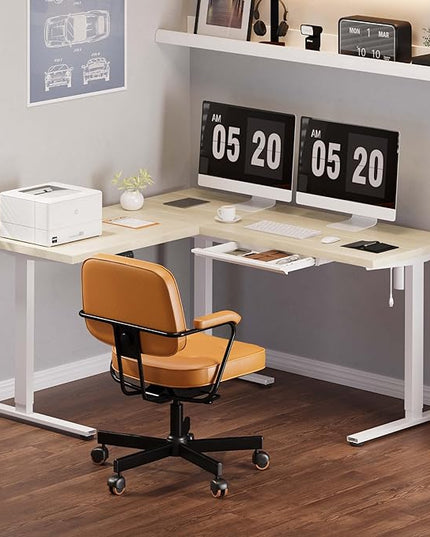 SANODESK L Shaped Standing Desk with Drawer, Adjustable Height Electric Corner Standing Desk, 63 x 55 inch Sit Stand Computer Table with Splice Board, Maple