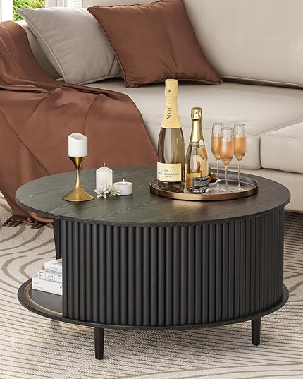 JOINICE,Black Round Coffee Table with Storage, 31.5" Fluted Center Table with Sliding Door, Modern Circle Drum Accent Table for Living Room, Sleek Wood Furniture for Small Spaces & Apartments
