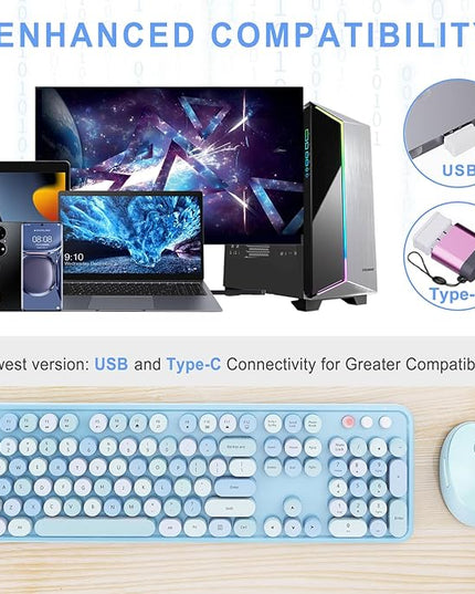 Wireless Keyboard and Mouse Combo, Ergonomic Full Size Typewriter Retro Round Keycaps Keyboard, Compatible with Windows, PC, Perfer for Home and Office Keyboards (Blue