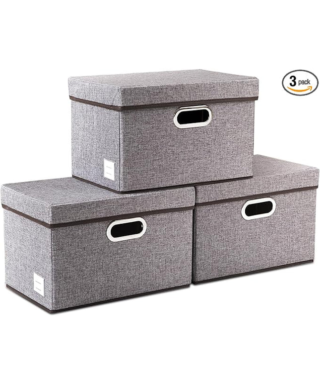 PRANDOM Foldable Storage Boxes with Lids [3-Pack] Linen Fabric Collapsible Storage Bins Organizer Containers Baskets Cube with Cover for Home Bedroom Closet Office Nursery (14.9x9.8x9.8)