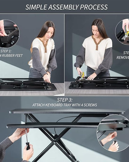 VIVO 32 inch Desk Converter, K Series, Height Adjustable Sit to Stand Riser, Dual Monitor and Laptop Workstation with Wide Keyboard Tray, Reclaimed Wood Top, Black Frame, DESK-V000KP