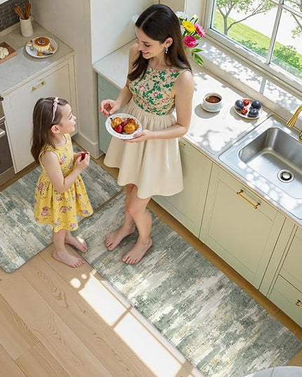 Collive Anti Fatigue Kitchen Mats, Grey/Green Abstract Kitchen Rugs Sets of 2 Non Slip Waterproof Standing Mat, Cushioned Comfort Desk Rug for Home Office, Sink, Laundry, 17"x29"+17"x47"