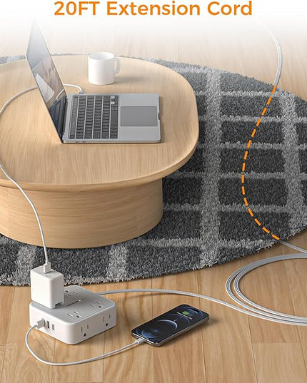 Flat Plug 20 FT Long Extension Cord, TESSAN Ultra Thin Power Strip Surge Protector with 8 AC Outlets, 900J, 3 USB Charger(1 USB C), Multi Port Charging Station for Home, Office, Dorm Room Essentials