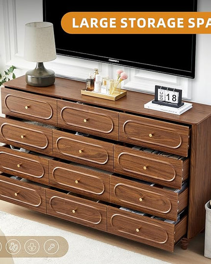 12 Drawer Fluted Dresser for Bedroom, Mid Century Modern Chest of Drawers, Wood Storage Small Dresser Organizer for Bedroom Living Room Hallway Closet, Walnut