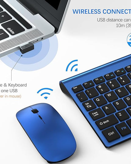TopMate Wireless Keyboard and Mouse Ultra Slim Combo, 2.4G Silent Compact USB Mouse and Scissor Switch Keyboard Set with Cover, 2 AA and 2 AAA Batteries, for PC/Laptop/Windows/Mac - Blue Black