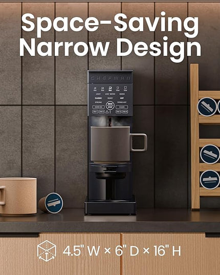 Chefman Caffeinator Single Serve Coffee Maker, Brew Kcups & Grounds, Drip Coffee Machine with Brew Strength Settings, Iced Coffee Function, 48 oz. Removable Water Reservoir