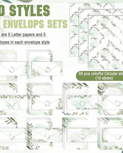 TaoBary 160 Pcs Stationery Paper Set 50 Double Sided Stationery Papers with 50 Matching Envelopes and 60 Round Dot Sticker, 10 Design(Green Leaves,8.5 x 11 Inch)