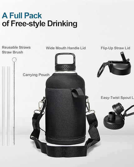 64 oz Water Bottle Insulated with Straw&3 Lids, Coolflask Half Gallon Water Jug Galaxy Large Metal Stainless Steel Vacuum Flask for Gym, Sports, Keep Cold 48H Hot 24H, Glacier Blue