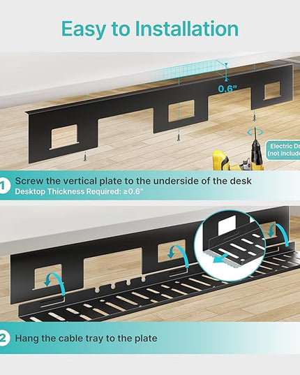 Under Desk Cable Management Tray, 31.5 Inches Metal Cord Organizer Rack, Desk Tray for Power Strip, Cord, Wire, Easy Mounting Cable Management Under Table for Home Office, Black