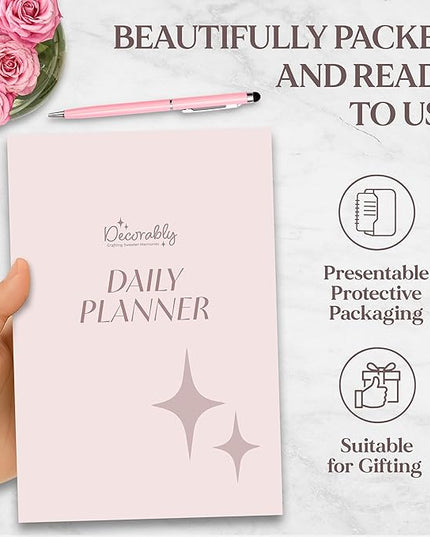 Decorably 168 Pages Daily Planner Undated Notebook with Hourly Schedule - 6.3x9.3in Gold Spring-Bound, with Top Priorities, to-dos, Notes, Ideas & Inspirational Quotes - Home, School, Office
