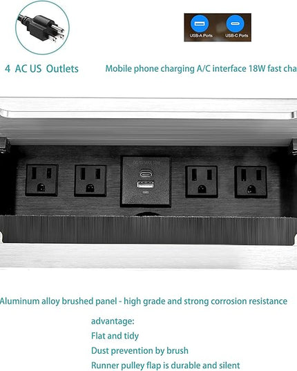 Embedded mesa Power Outlet Box, Table Power Multimedia Connectivity Box for Conference Study Room Home with 4 AC Outlet,USB-C Port Fast Charge 18W Length 4.9FT Power Cable (Brushed Silver)