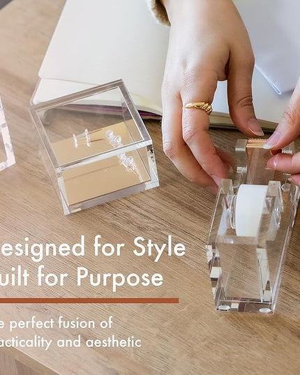 OfficeGoods Acrylic Tape Dispenser – Modern Desk Organizer for Office Supplies – Heavy Duty Refillable Tape Holder for Home and School Crafting – Stylish Desktop Accessory for Gift Wrapping, Rose Gold
