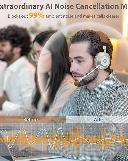 Wireless Headset with Mic for Work, Bluetooth Headset with Noise Cancelling Mic for Clear Calls, Bluetooth V5.3 Headphones with Mic Mute & USB Dongle, Charging Base for PC/Laptop/Phones/Call Center