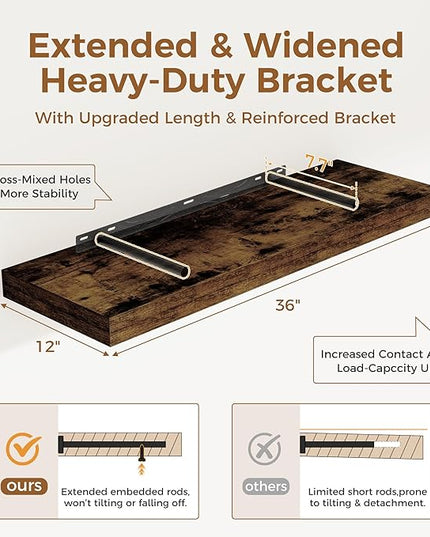 Floating Shelves 36 Inch Long, 12 Inch Deep Floating Shelves for Wall, 36 x 12 Shelves for Wall Storage & Display, 2" Thick Floating Shelf for Bathroom, Living Room, Rustic Brown Color, Set of 1