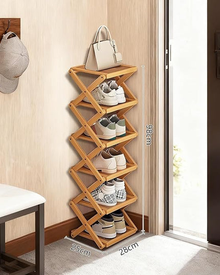 YYW Shoe Rack, Foldable Shoes Organizer Free Standing Shelf for Entryway, Closet, Hallway, Foldable X Shape Multi Tier Shoe Rack (Wood Color,6 Layers)